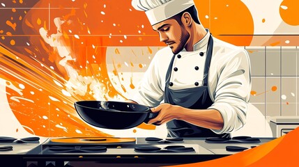 Wall Mural - Cheerful Chef Cooking on Stove - Retro Flat Illustration with Vibrant Colors and Bold Poses