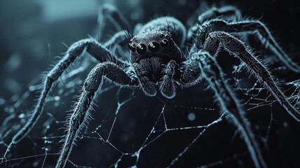 of the spider's intricate web and the tiny hairs on its legs.