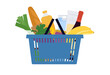 © Atlas Illustrations - Dairy products, vegetable, bread in shopping basket. Blue supermarket basket is filled of groceries. Plastic grocery hamper with handles. Buying food, purchase of products. Simple vector illustration