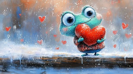 Wall Mural -   A painting of a frog holding a heart on a branch during rainfall with hearts emerging from its eyes