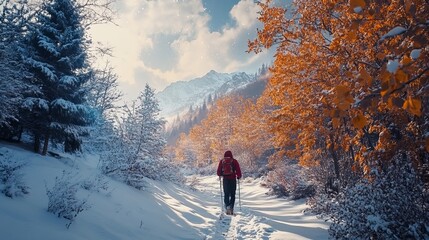 Wall Mural - Winter hiking, autumn foliage, outdoor, adventure, nature