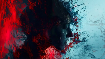 Abstract portrait of a woman with red and blue paint splatters on a dark background.