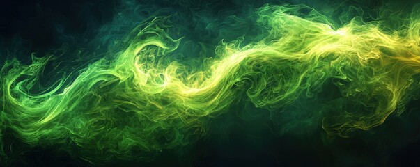 Wall Mural - Dark background with vibrant green fiery swirls, abstract design, dramatic swirling motion, copy space included.