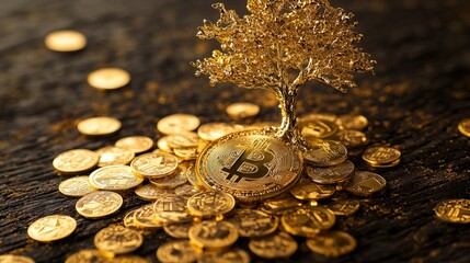 Gold coins with a gold tree representing crypto market