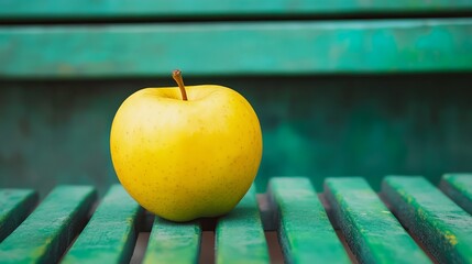 Canvas Print - One yellow apple on a green background. Fresh healthy fruit (apple) laying on a contrasting green striped bench. Healthy food, organic or vegetarian concept. Last apple in the shop.