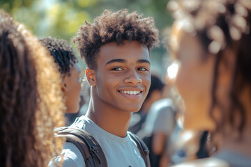 black teenager smiling outside school, cute, playful smile, in front of girls, happy friends in sunlight outdoors cheerful handsome, upbeat youth joy joyful friendship