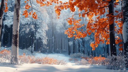 Wall Mural - Snow-covered forest with orange leaves