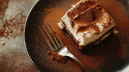 Wall Mural - Tiramisu Served with Fork Outline Dusted with Cocoa Powder