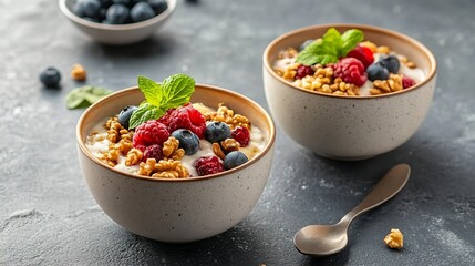 two bowls filled with fruit and nuts next to a spoon