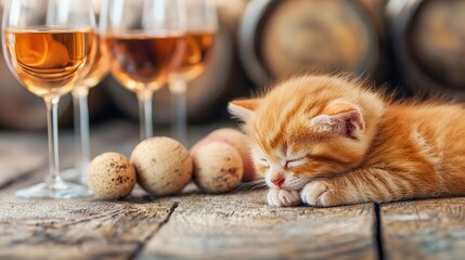 Wall Mural -   Small orange kitten napping near wine and golf balls on wooden table