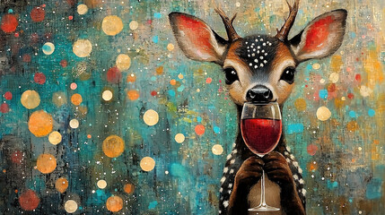   A deer holds a glass of wine in its mouth as rain falls down