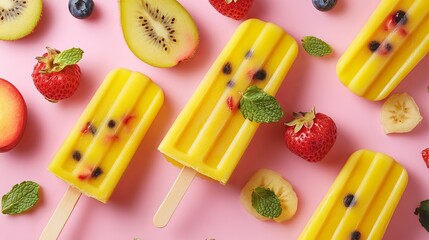 Wall Mural - Yellow Popsicles Decorated with Mint Leaves and Fruit