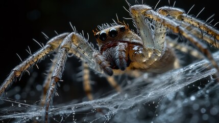 of the spider's intricate web and the tiny hairs on its legs.