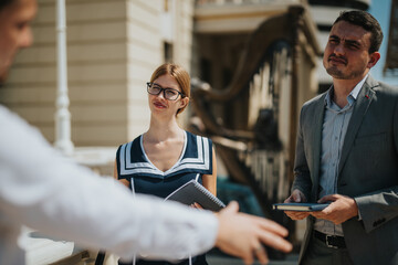 Wall Mural - Business professionals engaged in an outdoor discussion, showcasing teamwork and collaboration with notebooks and tablets in hand, highlighting modern workspace dynamics.