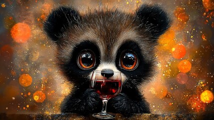 Poster -   A raccoon sips wine in a blurry background