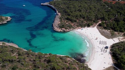 Canvas Print - Mallorca island best beaches, Beautiful S'Amarador, park Mondrago near Santanyi. aerial 4k hd drone video. Spain travel
