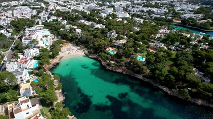 Poster - Best scenic beaches of Mallorca (Majorca)  island - aerail drone panoramic view of Cala d'Or , popular touristic resort