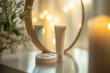 Aufkleber - A tube of cream rests on a surface, mirrored in a reflection, next to a candle in a warmly lit space decorated with flowers. Generative AI