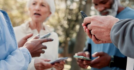 Sticker - Fitness, hands and phone with senior people outdoor in forest for challenge or performance tracking. App, exercise or information sharing with mature friends in nature or park for cardio training