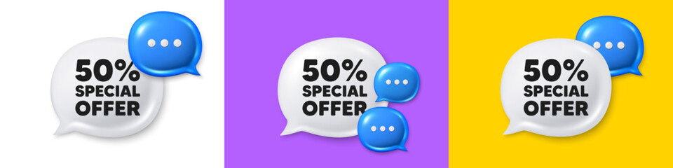 Canvas Print - Chat speech bubble 3d icons. 50 percent discount offer tag. Sale price promo sign. Special offer symbol. Discount chat text box. Speech bubble banner. Offer box balloon. Vector