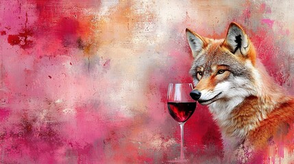 Canvas Print -  A painting depicts a fox sipping red wine in front of a red wine glass