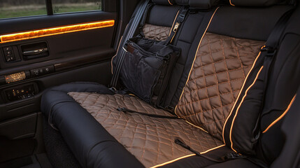   The vehicle's interior features a quilted seat cover and a quilted bag attached to the rear of the seat