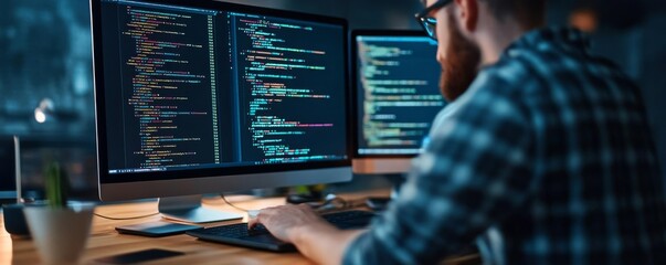 Developer refining frontend elements, digital interface, high-tech coding setup