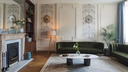 A modern living room with art deco interior design. There's a black marble coffee table near a white sofa against a green wall. Brass shelving units are placed near the wainscoting paneling wall.