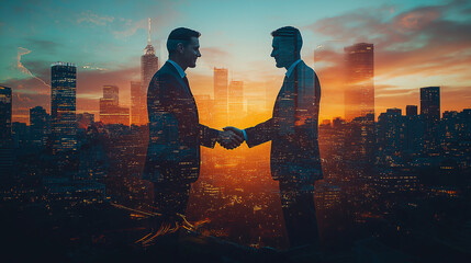 Business Partnership at Sunset - Double Exposure of City Skyline and Handshake