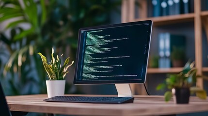 Frontend coding with augmented displays, modern workspace, high-tech environment