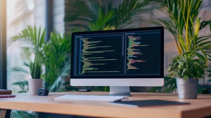 Frontend coding with augmented displays, modern workspace, high-tech environment