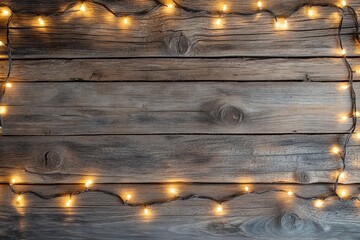 Wall Mural - Warm glow of cozy fairy lights on rustic wooden background