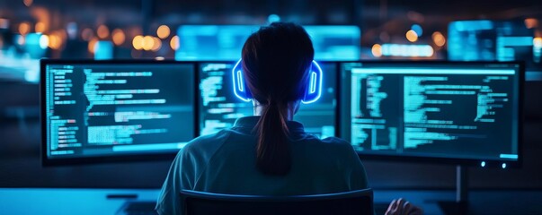 Frontend developer coding, holographic UI elements, futuristic workspace, blue neon glow