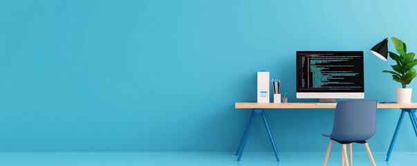 Holographic frontend tools, coding environment, modern tech office, blue accents