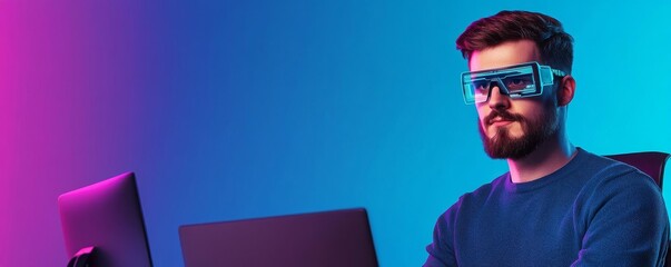 Programmer building frontend, augmented reality displays, modern tech lab, neon blue