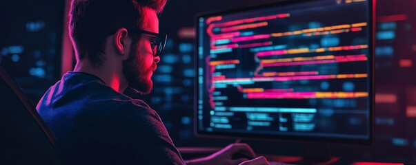 Programmer designing frontend, augmented reality interface, modern tech environment, dark tones