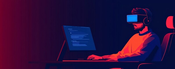 Programmer designing frontend, augmented reality interface, modern tech environment, dark tones
