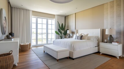 A coastal style interior design of a modern bedroom. The room has a white walls, wooden floor, and a few pieces of furniture.There's a queen-sized bed with a white mattress.