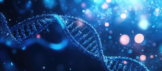 Blue DNA double helix spiraling with light bokeh and bubbles against a stunning blue backdrop