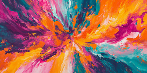 Wall Mural - A dynamic explosion of colorful acrylic paints in bold shades of magenta, cyan, and orange. The paints burst outward in a high-energy, abstract pattern with a smooth flow.