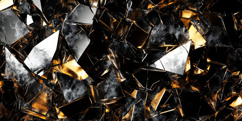 Wall Mural - Modern abstract backdrop featuring a mix of angular, jagged shapes in metallic gold and silver against a deep black background. The design is sharp and edgy, with a luxurious, high-contrast aesthetic