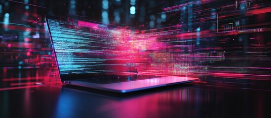 Abstract creative coding concept featuring multiple exposures on a modern laptop background