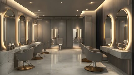 A modern beauty salon interior featuring elegant styling stations with mirrors and soft lighting