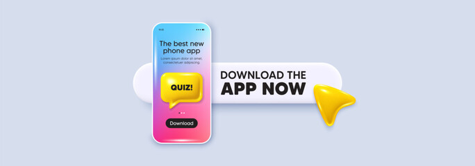 Poster - Download the app now. Phone mockup screen. Quiz tag. Answer question sign. Examination test symbol. Phone download app search bar. Quiz text message. Vector