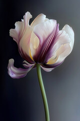 A pink flower, A blurry pastel toned photo of a swirling flower, white, pink and pastel yellow tulip flower with a long stem ::1 white background, creamy tones with white and pastel toned simple shape