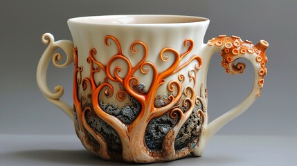 A white ceramic mug with two handles and an intricate design of orange vines and branches.