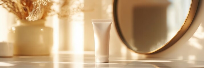 Aufkleber - A cream tube stands on a countertop, reflecting in a circular mirror while soft sunlight illuminates the room, creating a warm atmosphere. Generative AI