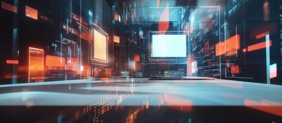 Technological illustration featuring a computer and a table Multiple exposures represent the concept of information