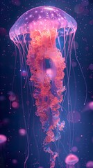 Wall Mural - A vibrant pink jellyfish with long, flowing tentacles drifts gracefully through the water.