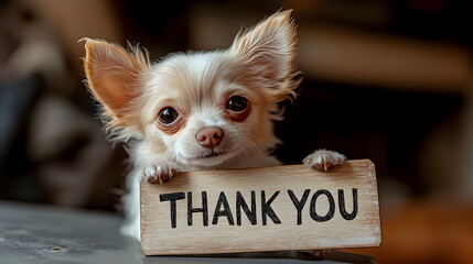 Thank you sign with text, thank you. Cute dog puppy chihuahua holding thank you note. Expresses gratitude.